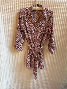 Zara Floral Belted Shirt Romper Long Sleeve Size L